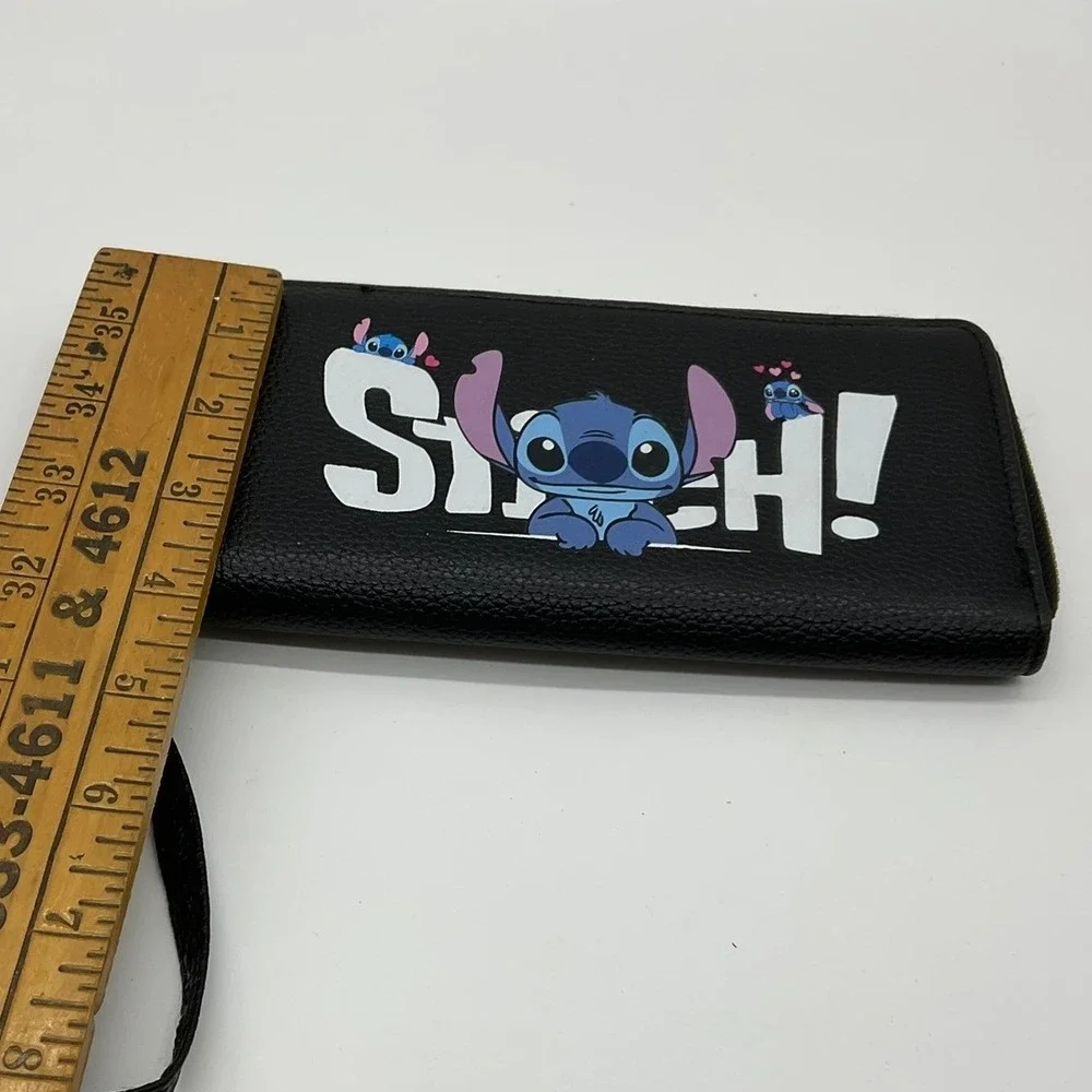 Disney Stitch Zip Around Wristlet Wallet Women Black Pink Faux Leather Travel